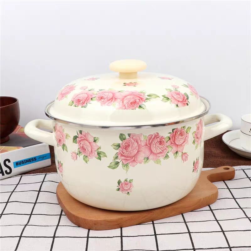 Soup Kettle Warmer - قدر المينا مزدوجة الأذن مع غطاء